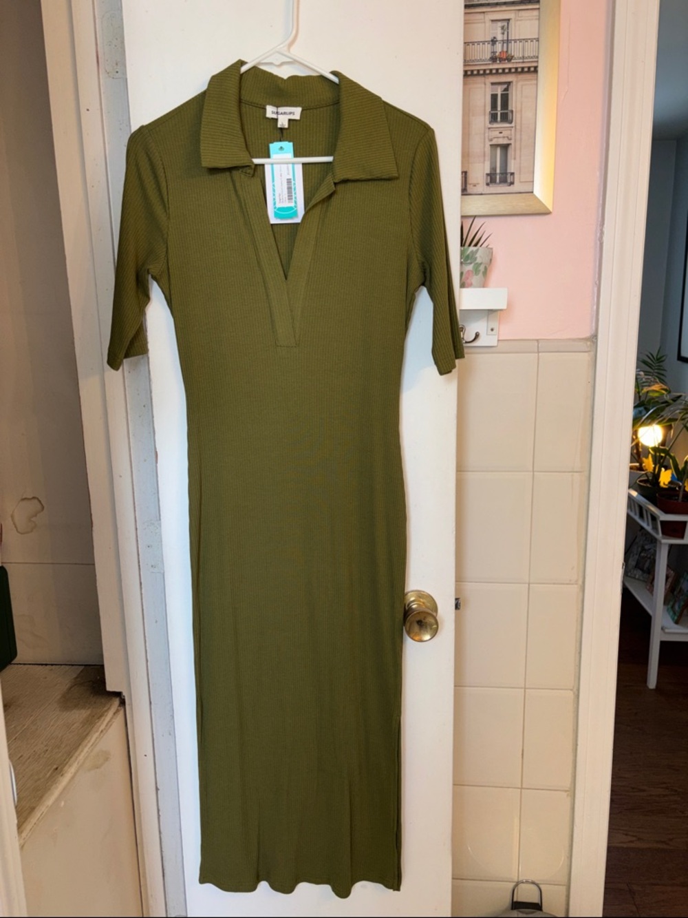 Ribbed Polo Dress in Olive Green